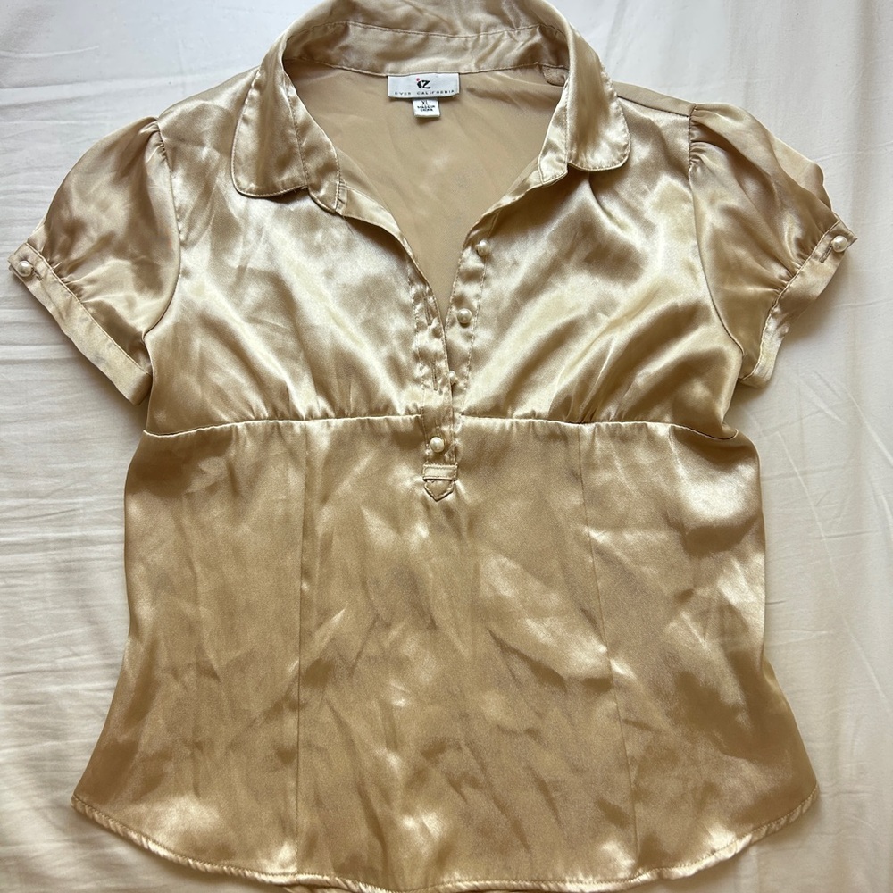 iZ Byer California Satin Short-Sleeve Blouse in Champagne Gold